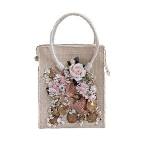 Vintage Coastal Seashell Floral Handbag Mermaid Kitsch Woven Cream Purse 50s 60s